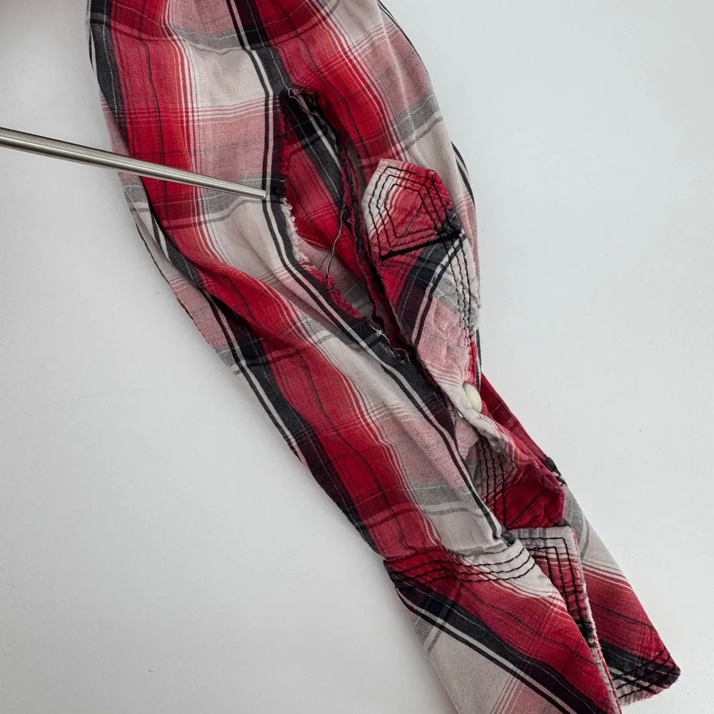 True Religion Plaid Pearl Snap Button Western Shirt Red Black White Size L *READ